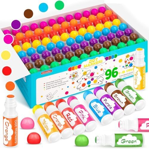Soucolor Washable Dot Markers 96-Pack, 8 Colors Classroom Set